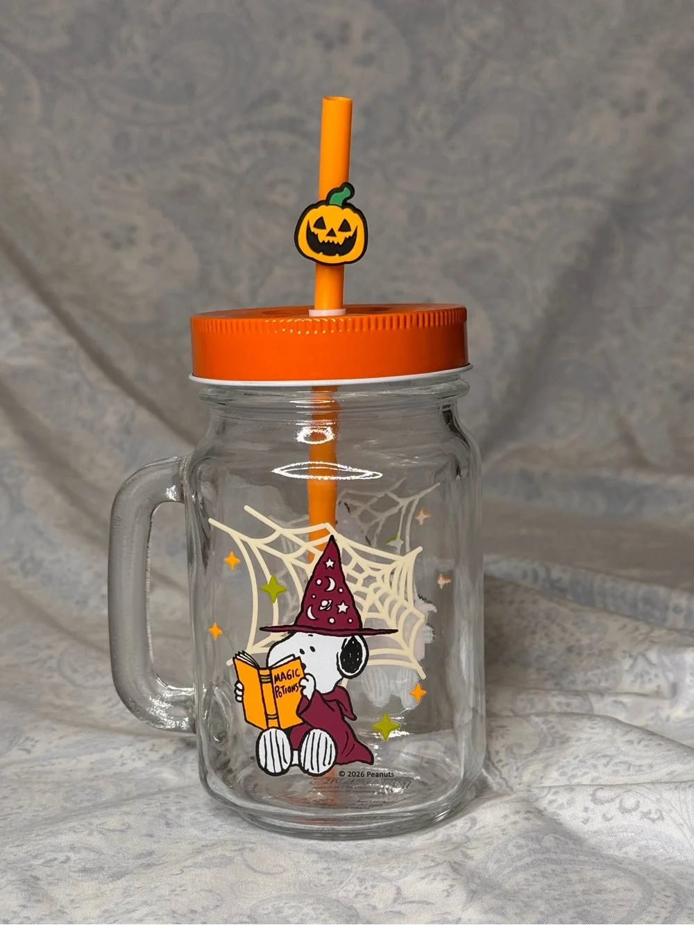 Peanuts Snoopy Halloween Glass Mason Jar Mug- Metal Orange Lid, & Plastic Straw